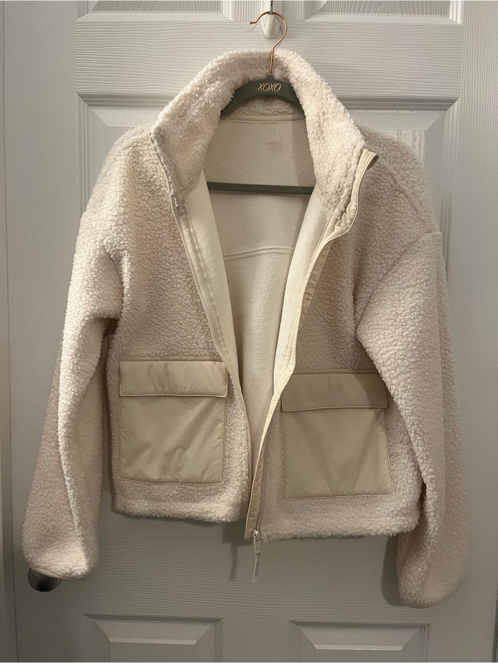 Cream Sherpa Zip-Front Teddy Jacket with Patch Pockets - Picture 7 of 10